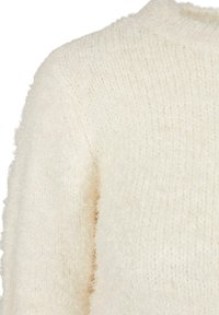 Weißer, flauschiger Strickpullover mit strukturierter Oberfläche. Hat einen runden Halsausschnitt und eine leicht übergroße Passform. Weiches, kuscheliges Material.