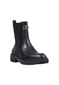 Bottines en cuir noir avec des panneaux latéraux élastiques, bout arrondi et semelle en caoutchouc épaisse. Présente un accent de logo doré sur le côté.