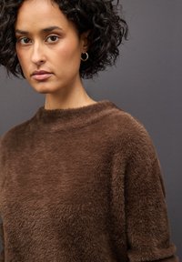 Brauner, flauschiger Pullover mit hohem Kragen, kurzen Ärmeln und einer weichen Textur, der eine lässige Passform und minimale Nähdetails aufweist.