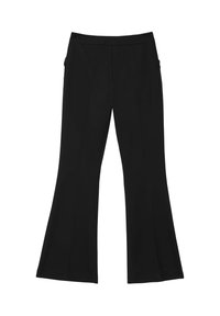 Pantaloni neri a palazzo con una texture liscia, caratterizzati da una vita alta, tasche laterali e dettagli di cucitura verticale sul davanti.