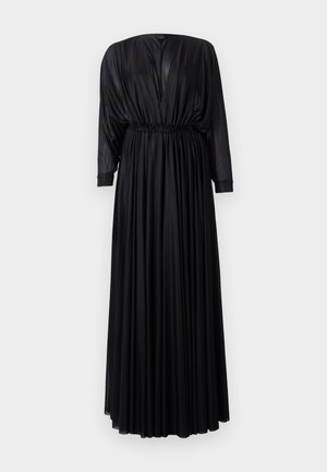 Fekete maxi ruha sima anyagból, mély V-kivágással, gumis derékkal és hosszú ujjakon gyűrődés részletekkel. Függőleges pliszék az egész ruhán.