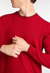 Red knit sweater with a round neckline and contrasting dark ribbed cuffs, featuring a small embroidered logo on the left chest.