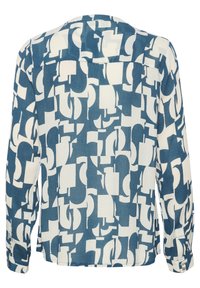 Langärmliges Hemd in Blau und Weiß mit einem abstrakten geometrischen Muster, leichtem Stoff und einem Knopfverschluss am Ärmel.