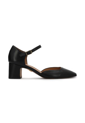 Pantof negru de piele cu curea la gleznă, vârf ascuțit, toc mediu tip bloc și accent auriu pe toc. Textură netedă, design simplu.