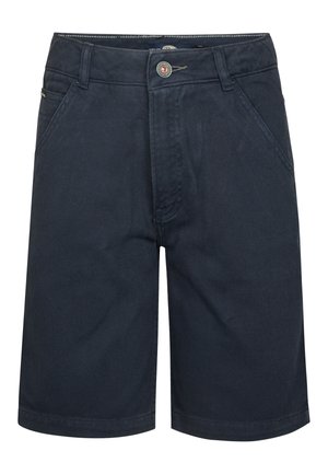 Donkerblauwe korte broek gemaakt van stof met een subtiele textuur. Voorzien van twee steekzakken aan de voorkant, een knoopsluiting en lussen voor een ceintuur.