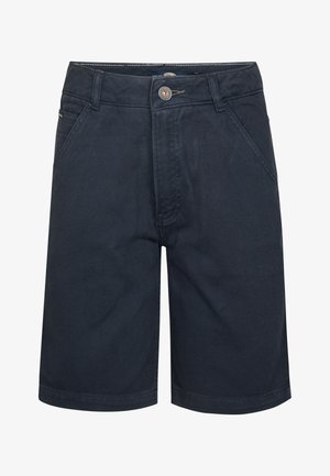 Laivastonsiniset shortsit, jotka on valmistettu hienovaraisella tekstuurilla olevasta kankaasta. Niissä on kaksi etutaskua, napillinen kiinnitys ja vyölenkit.