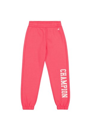 Rosa Jogginghose aus weichem Material, mit elastischem Bund und Bündchen, auf der Seite in Weiß mit "CHAMPION" bedruckt.