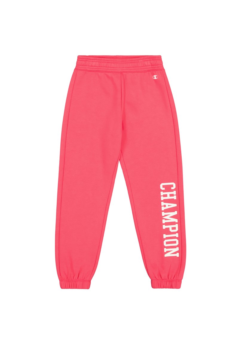 Roze joggingsbroek van zachte stof, met een elastische tailleband en boorden, voorzien van "CHAMPION" in witte letters langs de zijkant.
