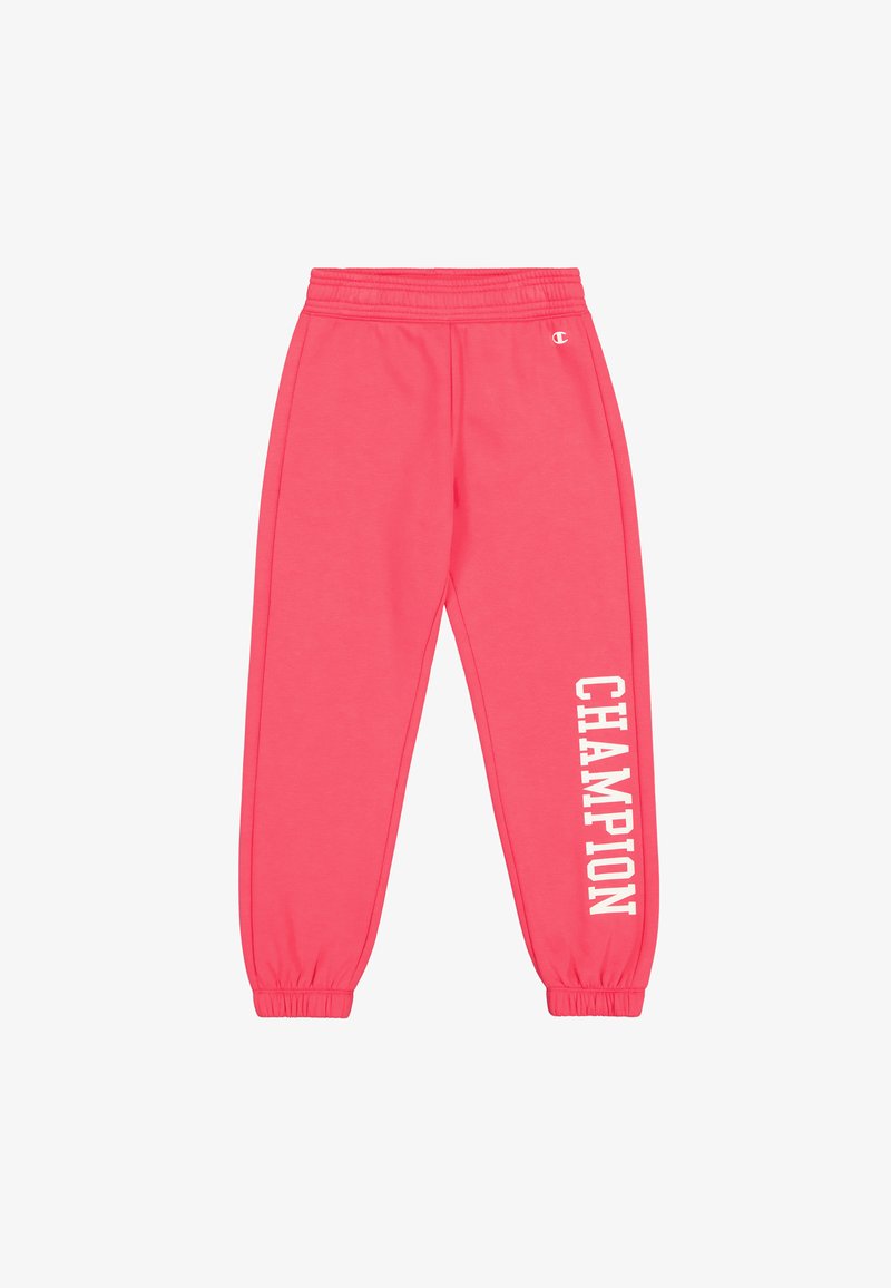 Rosa Jogginghose aus weichem Material, mit elastischem Bund und Bündchen, auf der Seite in Weiß mit "CHAMPION" bedruckt.