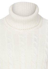 Suéter de cuello alto color crema con un cuello acanalado y patrón de trenzas. Hecho de un material de punto suave y texturizado.