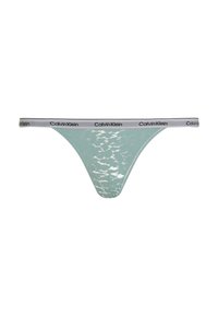 Mintgrønn tanga med en skinnende finish og Calvin Klein-logo på en kontrastfarget midje. Har et lavt livdesign med minimal dekning.