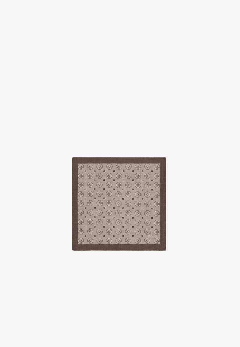 Mouchoir carré marron à motifs circulaires et carrés avec une bordure marron foncé.