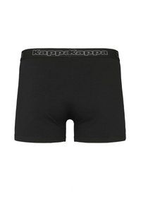 Čierne boxerské šortky z hladkej látky. Majú široký elastický pás so šedým logom "Kappa". Jednoduchý dizajn, bez ďalších vzorov.