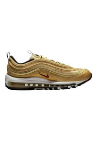 Tenisky Nike Air Max 97 mají kovově zlatý svršek, černé detaily, viditelné vzduchové polstrování a texturovanou bílou a černou podrážku.