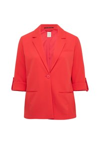 Blazer rouge pour femmes avec des manches retroussées, fermeture à un bouton, revers crantés, et deux poches avant.