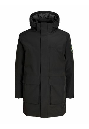 Black waterproof parka with a high collar and large front pockets. Features a detachable hood and a smooth, matte texture.