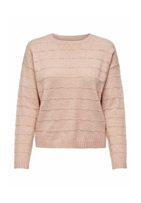 Roze gebreide trui met een textuur golfpatroon, een ronde halslijn en geribde manchetten. Casual fit, zachte stof en lichtgewicht ontwerp.