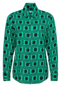 Grön knäppt skjorta med svarta retro geometriska mönster, klassisk krage och långa ärmar. Slätt tyg med en polerad yta.