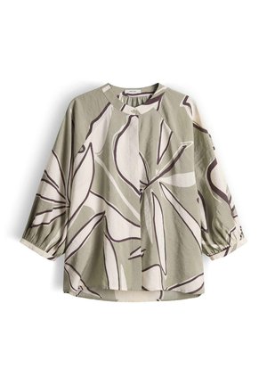 Blusa a taglio ampio con motivi astratti di foglie beige e marroni, scollo rotondo, davanti con bottoni e maniche a sbuffo 3/4 con polsini elastici.