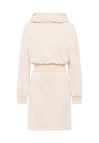 Hoodiekleid aus weichem beigen Stoff, mit lockerer Passform, elastischem Bund und langen Ärmeln mit gerippten Bündchen. Glatte Textur, minimales Design.