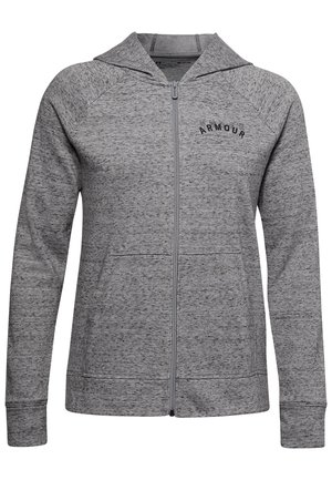 Gray zip-up hoodie with a fitted design, lightweight textured fabric, raglan sleeves, and subtle logo detailing on the chest.