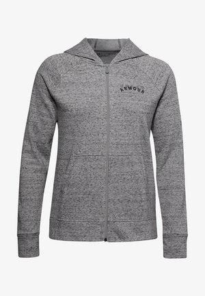 Sudadera gris con cremallera y diseño ajustado, fabricada en un tejido texturizado ligero, con mangas raglán y un discreto logo en el pecho.