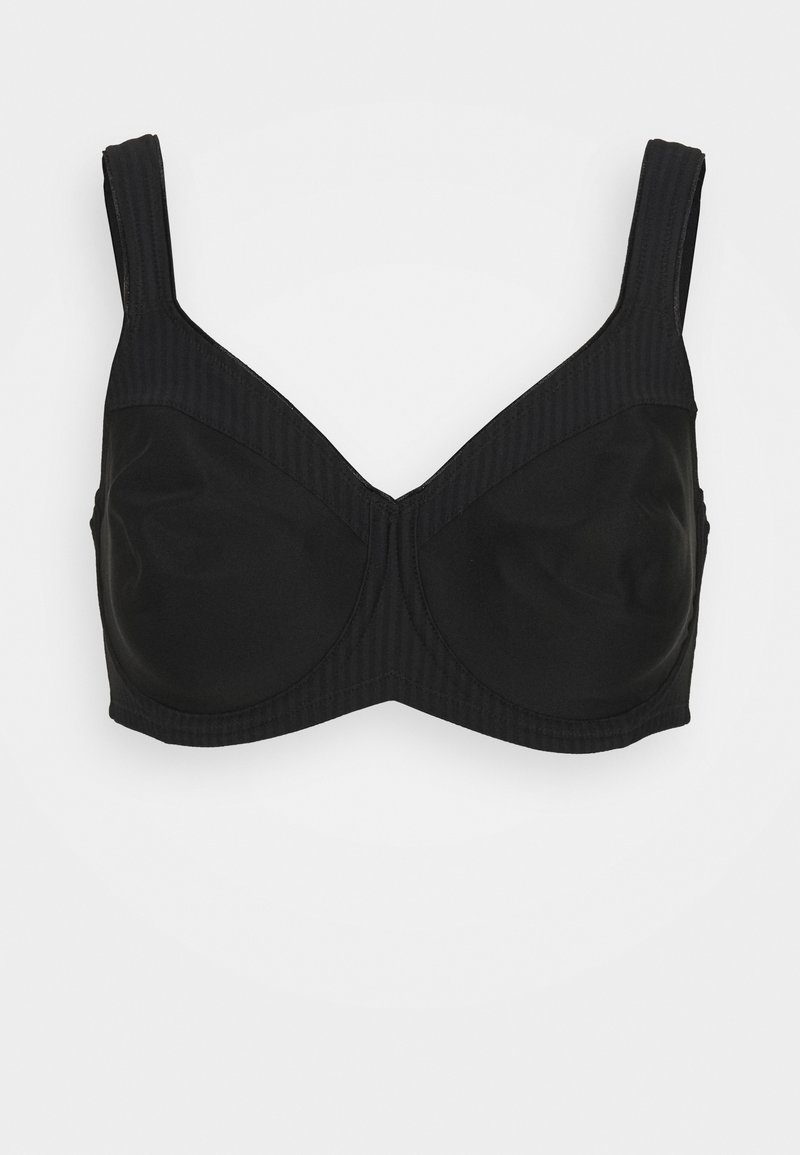 Black underwire bra with a textured top band, smooth cups, and wide straps, featuring a structured shape and seamless design.