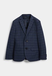 Blazer a quadri blu navy realizzato in tessuto testurizzato, caratterizzato da due bottoni neri, rever a punta e due tasche frontali.