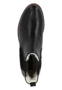 Czarne skórzane botki za kostkę z elastycznymi panelami bocznymi, zaokrąglonym noskiem i sztucznym futerkiem wewnątrz. Posiadają detaliczne przeszycia wzdłuż podeszwy.