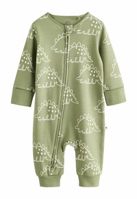 Un body pour bébé vert en tissu doux, orné d'impressions de dinosaures blanches, avec des manches longues et une fermeture éclair à l'avant.