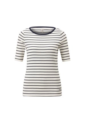 Striped short-sleeve shirt in cream with navy horizontal stripes, featuring a round neckline and a subtle logo on the hem. Cotton material.