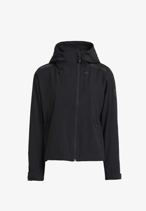 Schwarze Outdoor-Jacke mit Kapuze, aus einem glatten, leichten Material gefertigt. Verfügt über Seitentaschen und rote Akzentnaht auf den Schultern.