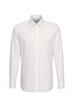 Camicia da uomo bianca a maniche lunghe, slim fit, con chiusura frontale a bottoni e colletto classico, mostrata su uno sfondo semplice.