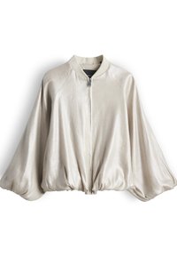 Light beige satin bomber jacket with full front zipper, loose batwing sleeves, and elastic gathered hem.