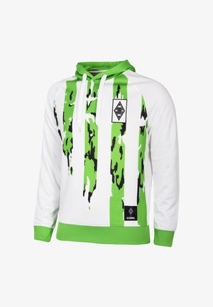 Witte hoodie met groene en zwarte abstracte patronen, voorzien van een buidelzak, een trekkoord capuchon en een zwart logo op de borst.