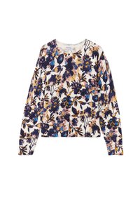 Kukkakuvioinen neulepaita pitkillä hihoilla, jossa on kermaisen valkoinen tausta ja monivärinen kuosi sinisiä, violetteja ja keltaisia kukkia. Pehmeä pinta.