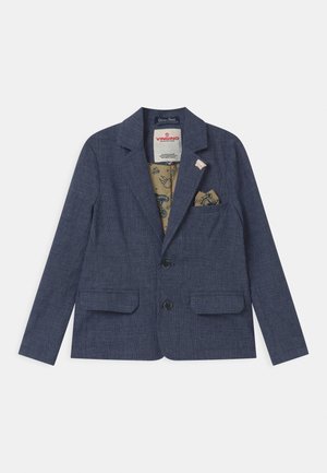 Blazer à carreaux bleu marine avec deux boutons, poches à rabat, doublure intérieure à motifs et une petite épingle imprimée sur le revers.