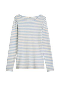 Lichtgewicht longsleeve in lichtblauw en roomkleurige horizontale strepen, met een brede halslijn en een zachte katoenen textuur.