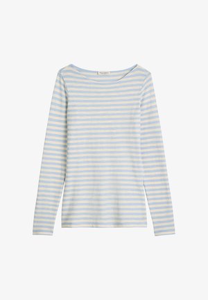 Lichtgewicht longsleeve in lichtblauw en roomkleurige horizontale strepen, met een brede halslijn en een zachte katoenen textuur.