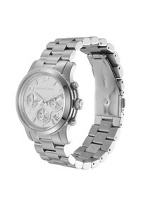 Silberne Edelstahlarmbanduhr mit rundem Zifferblatt, drei Teilzifferblättern und einem Metallarmband. Sie verfügt über ein strukturiertes silbernes Zifferblatt mit markanten Stundenmarkierungen.
