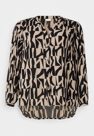 Black and beige patterned blouse with a V-neck, button-down front, long sleeves, and a slightly curved hem. Soft, lightweight fabric.