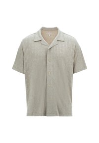 Short-sleeve button-up shirt in light beige fabric with a textured diamond pattern, featuring a collar and five buttons down the front.