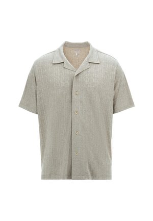 Short-sleeve button-up shirt in light beige fabric with a textured diamond pattern, featuring a collar and five buttons down the front.