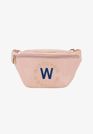Marsupio sintetico rosa chiaro con zip superiore, logo circolare con borchie e una 'W' blu al centro. Caratterizzato da una linguetta della zip dorata.