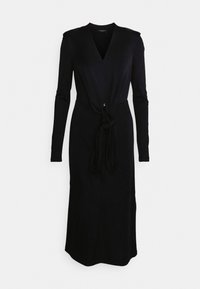 Schwarzes langärmliges Kleid mit V-Ausschnitt, mit einem gebundenen Taillenbetonung und glatter Textur. Knielang mit einer anliegenden Silhouette.