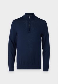 Suéter de color azul marino, de manga larga, con cuello de media cremallera. Textura suave, diseño ajustado, detalles de costura mínimos y sin logotipos visibles.