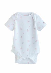 Short-sleeve white baby bodysuit made of soft cotton, featuring a floral and fairy print in pink and green, with snap closures at the bottom.