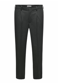 Dunkelgraue Hose aus strukturiertem Stoff, mit flachem Vorderteil und Falten, zwei Seitentaschen und einem klassischen Knopfbund.