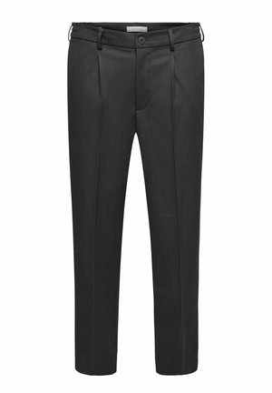 Donkergrijze broek van gestructureerde stof, met een vlakke voorkant met plooien, twee zijzakken en een standaard knoop tailleband.