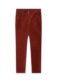 Rostfarbene Cordhosen mit schlankem Schnitt, fünf Taschen und sichtbaren Nähten. Der Stoff hat eine weiche, strukturierte Oberfläche.